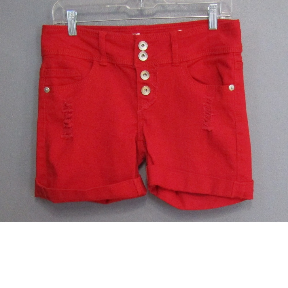Dollhouse Red Button Fly Jean Shorts Distressed
